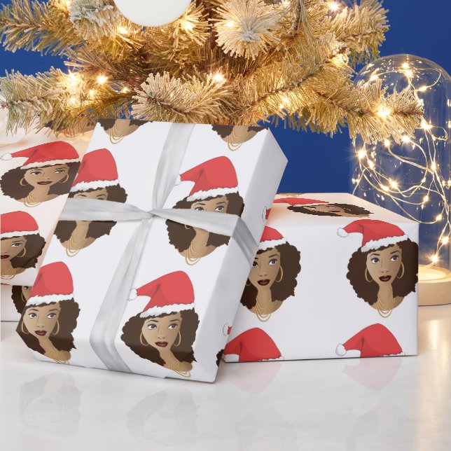 Christmas Red Santa Hat, Black Woman, Natural Hair Wrapping Paper (Holidays)