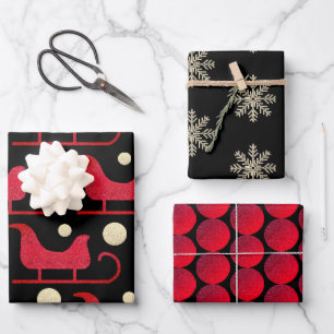 Christmas Red Santa Sleigh Snowflake Dots Glitter  Wrapping Paper Sheet