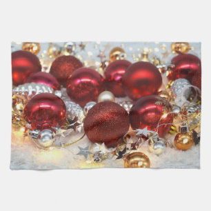 Christmas Red & Silver Decor Balls Tea Towel