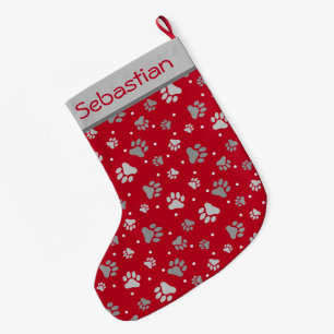 Christmas Red & Silver Paw Prints Personalized Pet Large Christmas Stocking