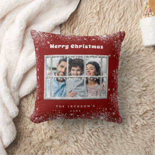 Christmas red silver snow photo winter window cushion