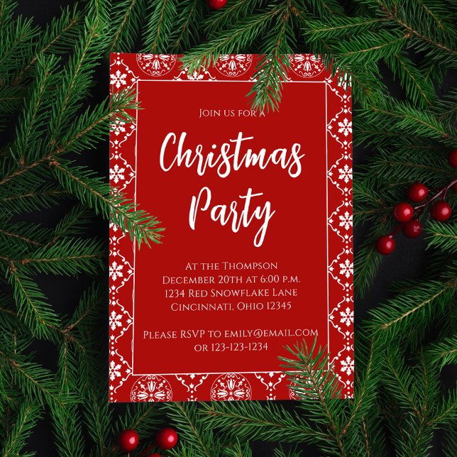 Christmas Red Snowflakes Festive Pattern Holiday Card (Merry Christmas red holiday snowflake pattern invitation. )