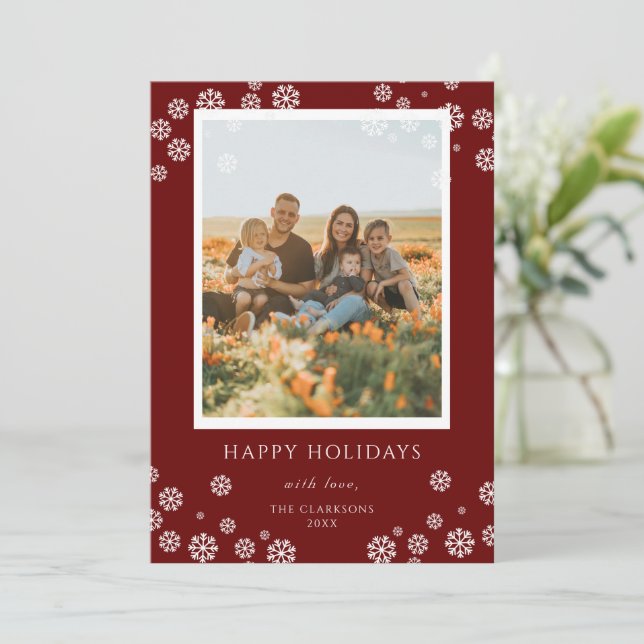 Christmas Red Snowflakes Frames Photo Holiday Card (Standing Front)