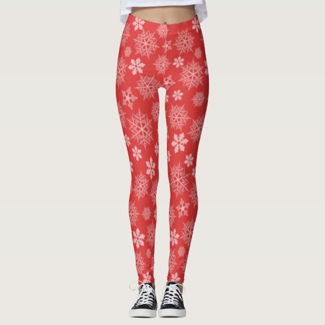 Christmas Red Snowflakes Holiday Cute Pattern Leggings (Front)