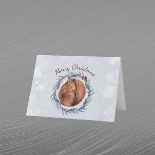 Christmas Red Squirrel Pine Wreath Watercolor Holiday Card