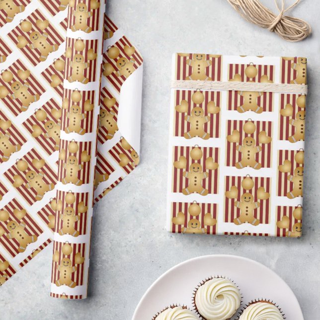 Christmas Red Stripe Cute Gingerbread Man Wrapping Paper (Creator Uploaded)