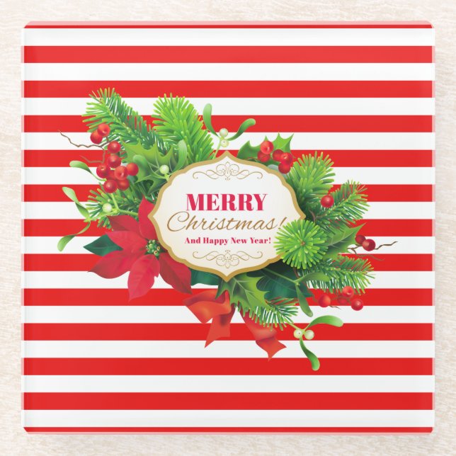Christmas Red Striped Glass Coaster (Front)