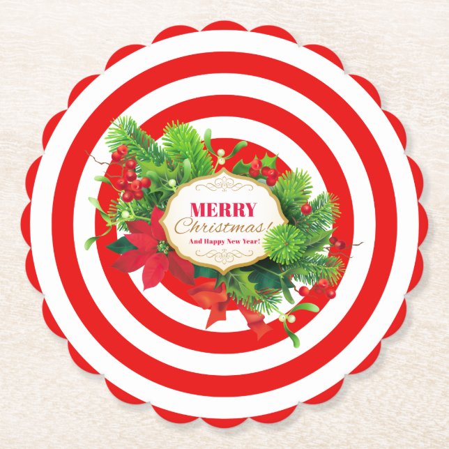 Christmas Red Striped Paper Coaster (Front)