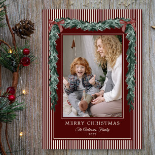Christmas Red Stripes Bow Garlands 1 Photo Holiday Card