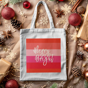 Christmas Red Stripes Merry and Bright Holiday Tote Bag