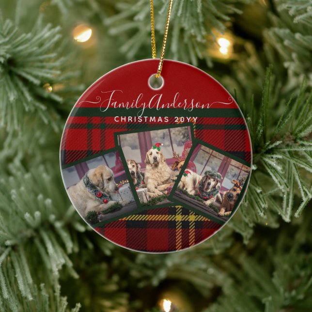 CHRISTMAS Red Tartan Photo Collage  Ceramic Ornament (Tree)
