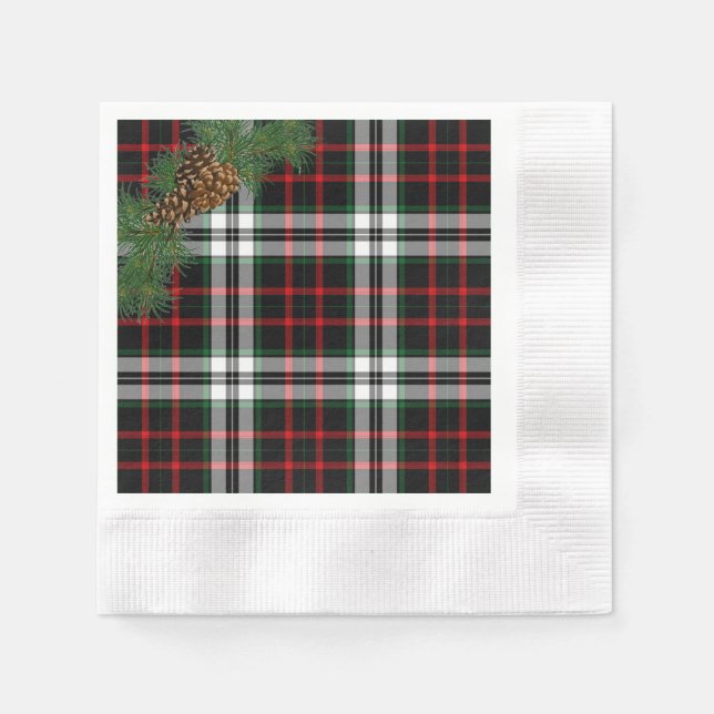 Christmas Red Tartan Plaid Pine Cones Napkin (Front)