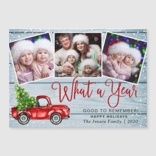 Christmas Red Truck 3 Photo Holiday Magnetic Card