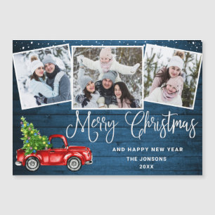 Christmas Red Truck 3 Photo Holiday Magnetic Card