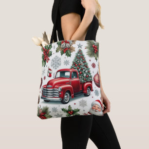 Christmas Red Truck and Santa Pattern  Tote Bag
