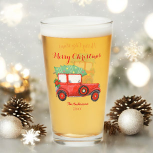 Christmas Red Truck Car Holidays Glass Cup
