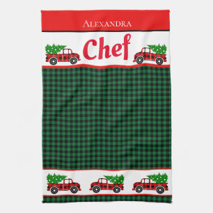 Christmas Red Truck Chef Green Buffalo Plaid Apro Tea Towel