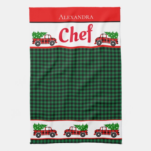Christmas Red Truck Chef Green Buffalo Plaid  Apro Tea Towel (Vertical)