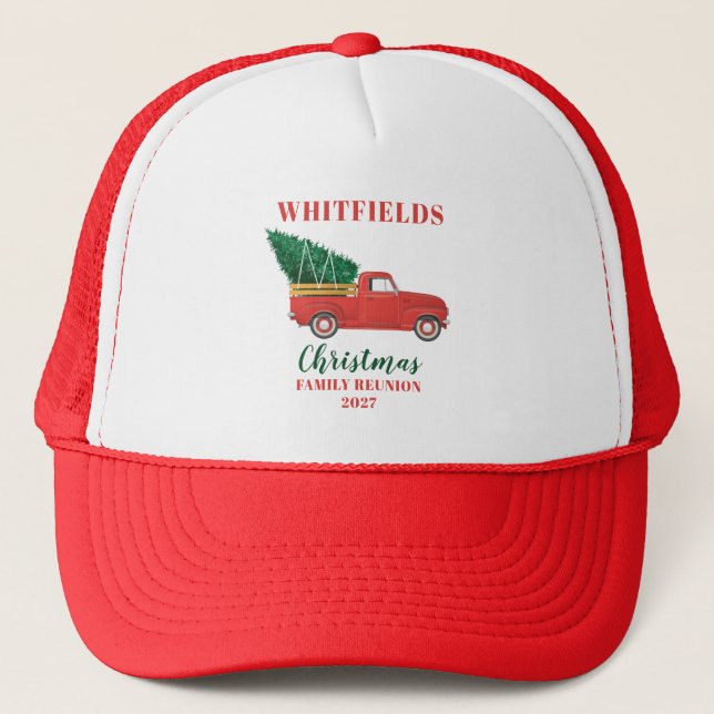 Christmas Red Truck Family Reunion Custom Matching Trucker Hat (Front)