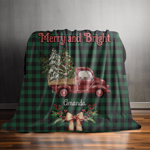 Christmas red truck green baffalo plaid monogram fleece blanket