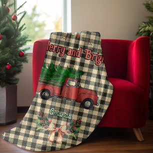 Christmas red truck grey baffalo plaid monogram fleece blanket