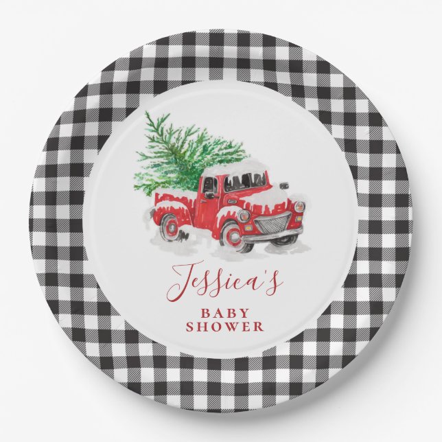 Christmas Red Truck Holiday Baby Shower Paper Plate (Front)