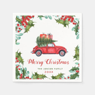 Christmas Red Truck Holly Berry Wreath Watercolor Napkin