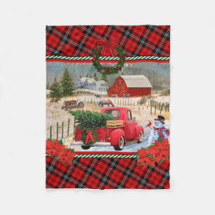 Christmas Red Truck On Horse Farm Painting Fleece Blanket