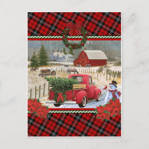 christmas red truck on horse farm painting  postcard