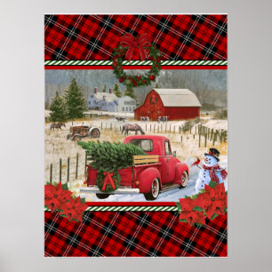 christmas red truck on horse farm painting poster