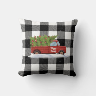 Christmas Red Truck On Plaid  Cushion