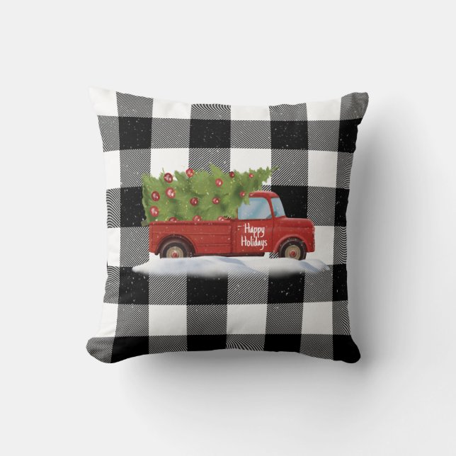 Christmas Red Truck On Plaid  Cushion (Front)
