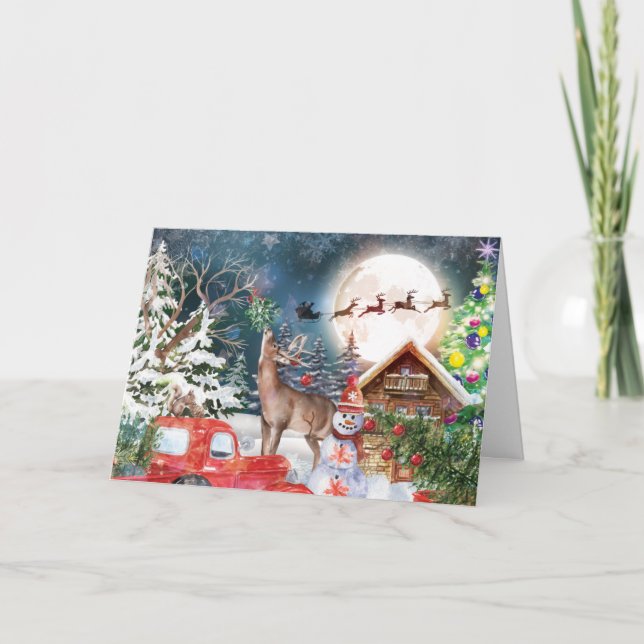 Christmas Red Truck Santa Rustic Winter Holidays Holiday Card (Front)