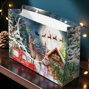 Christmas Red Truck Santa Rustic Winter Holidays Large Gift Bag