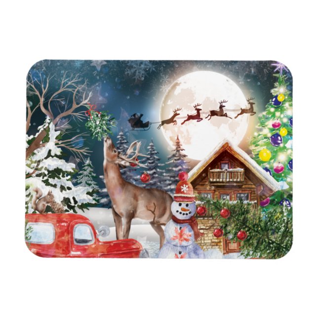Christmas Red Truck Santa Rustic Winter Holidays Magnet (Horizontal)
