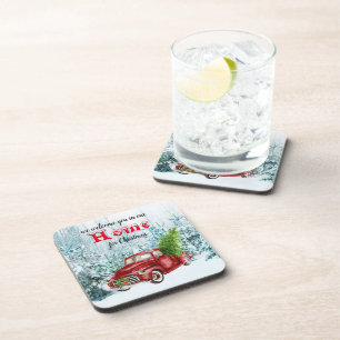Christmas Red Truck Tree Winter Scene Coaster