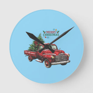 christmas, red, truck, vintage, round clock