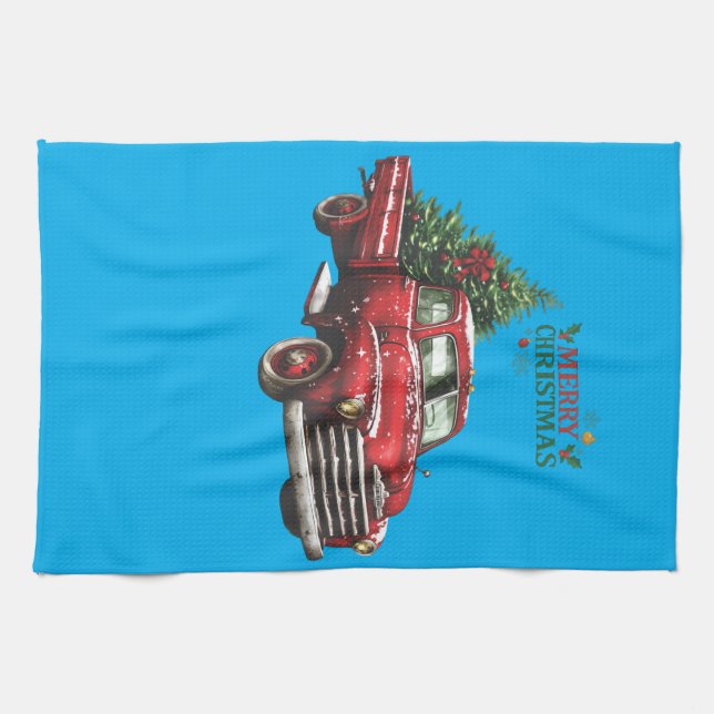 christmas, red, truck, vintage, tea towel (Horizontal)