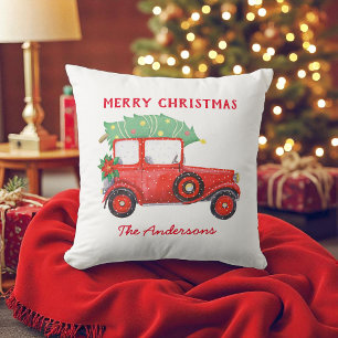 Christmas Red Truck White Holiday  Cushion