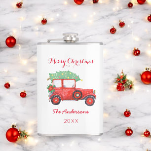Christmas Red Truck White Vinyl Wrapped Flask