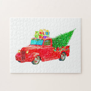Christmas red truck with a Christmas tree and gift Jigsaw Puzzle