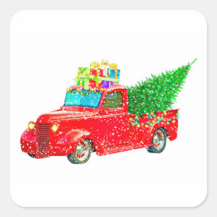 Christmas red truck with a Christmas tree and gift Square Sticker