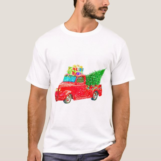 Christmas red truck with a Christmas tree and gift T-Shirt (Front)