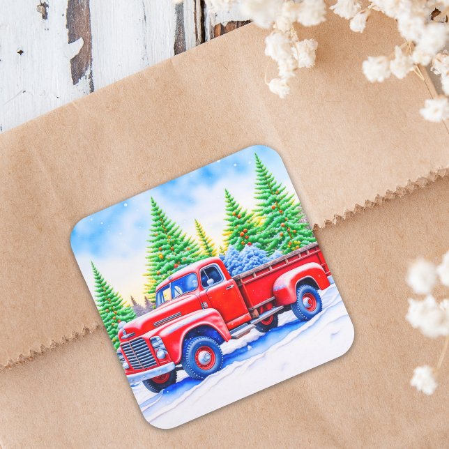 Christmas Red Truck with Pine Trees Square Sticker (Creator Uploaded)