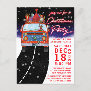 Christmas Red Van Reindeer Presents Snowy Party Announcement Postcard