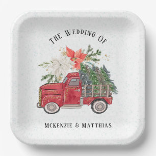 Christmas Red Vintage Truck and Trees Wedding Paper Plate