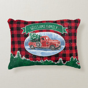 Christmas Red Vintage Truck Buffalo Plaid Add Name Decorative Cushion