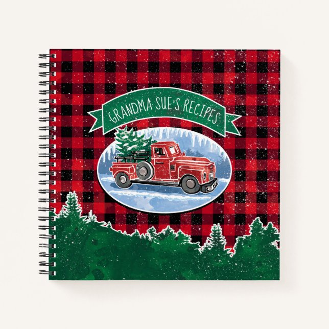 Christmas Red Vintage Truck Buffalo Plaid Recipe Notebook (Front)