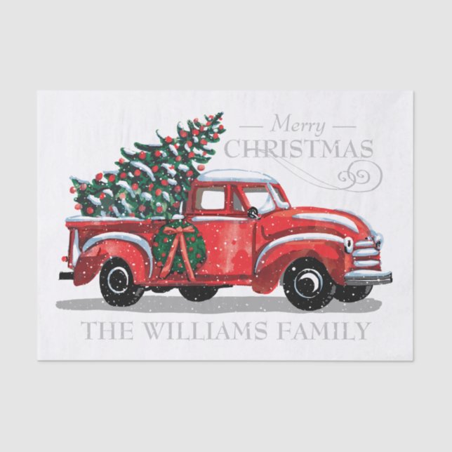 Christmas Red Vintage Truck Family Name Tissue Paper (Front)