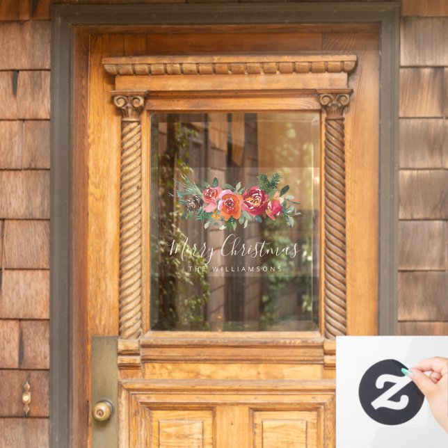 Christmas Red Watercolor Flowers Personalised Name (Home Door)